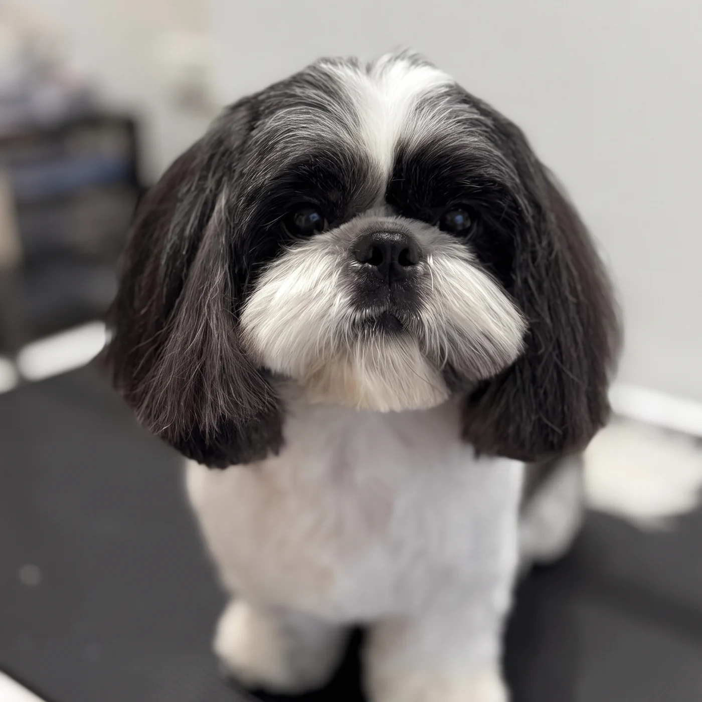 Schwarz-weißer Shih Tzu mit frisch geschnittenem Kopf im GroomRoom Berlin