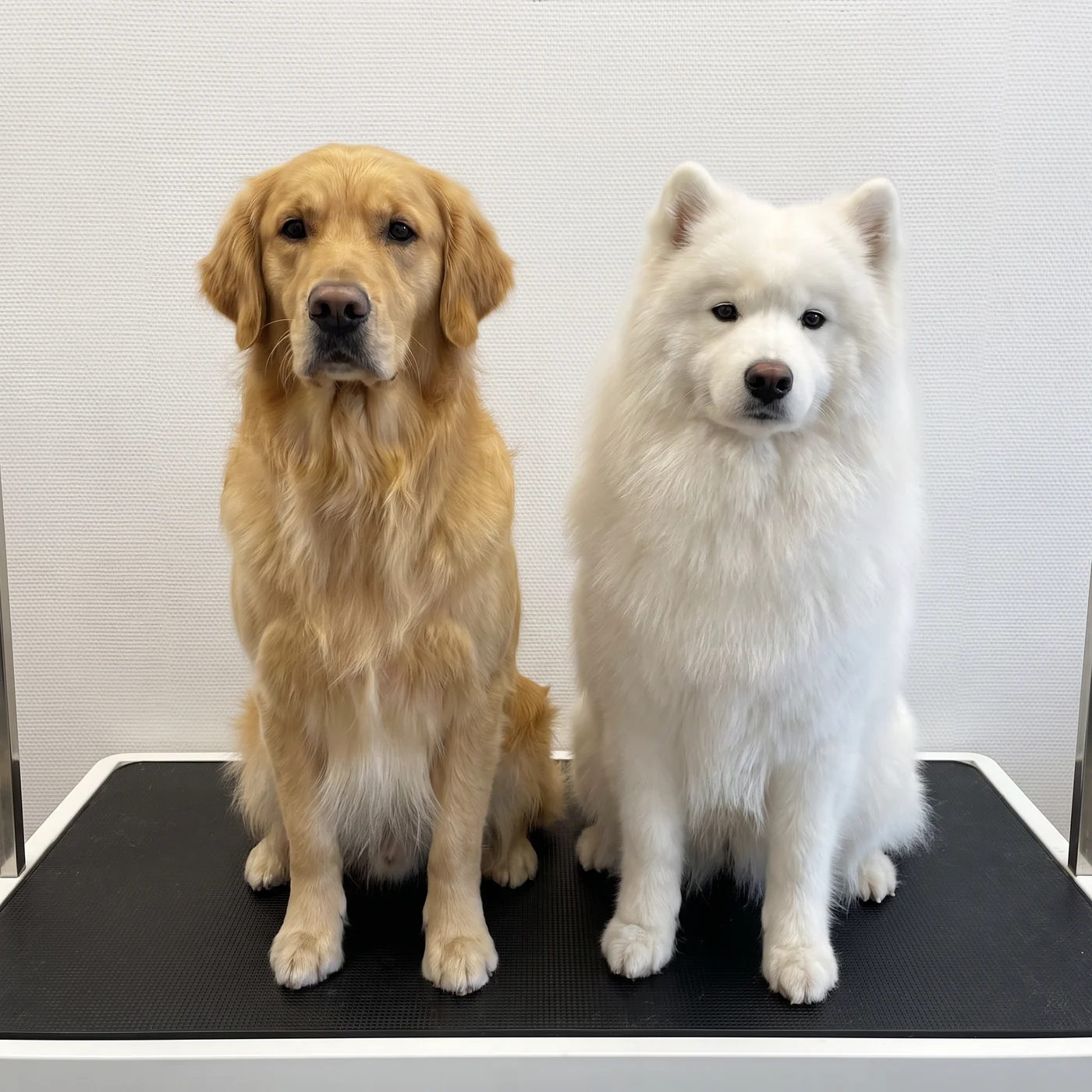 Frisch gebürsteter Golden Retriever und Samojede sitzen nebeneinander auf dem Pflegetisch · KI-generiert
