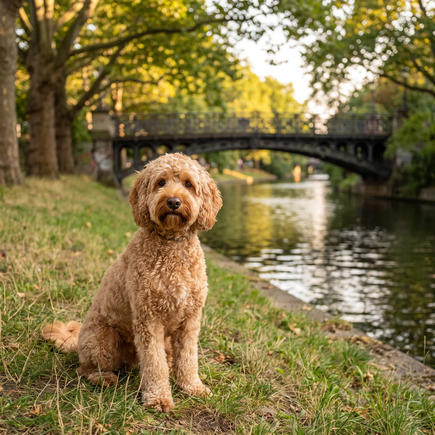 Cockapoo sitzt am Kanalufer mit alter Brücke im Hintergrund · KI-generiert
