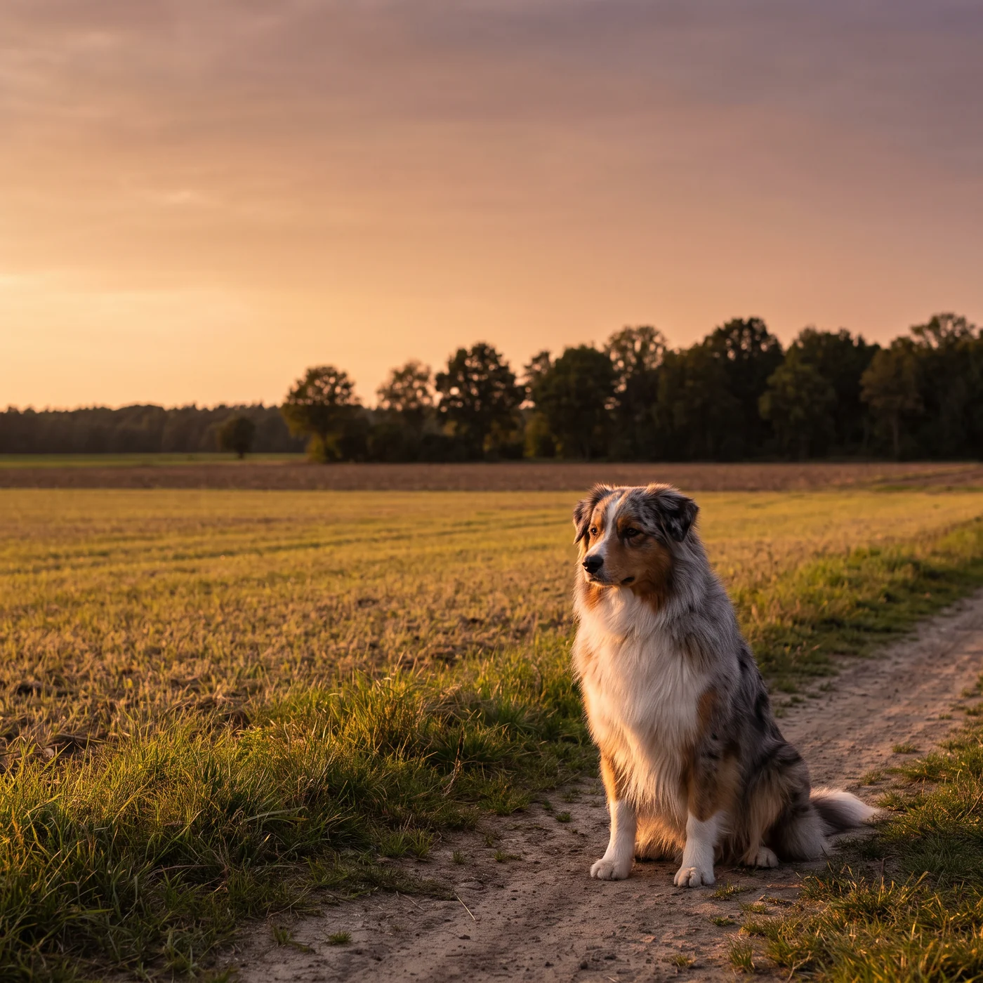 Australian Shepherd sitzt am Feldweg am Stadtrand im Abendlicht · KI-generiert