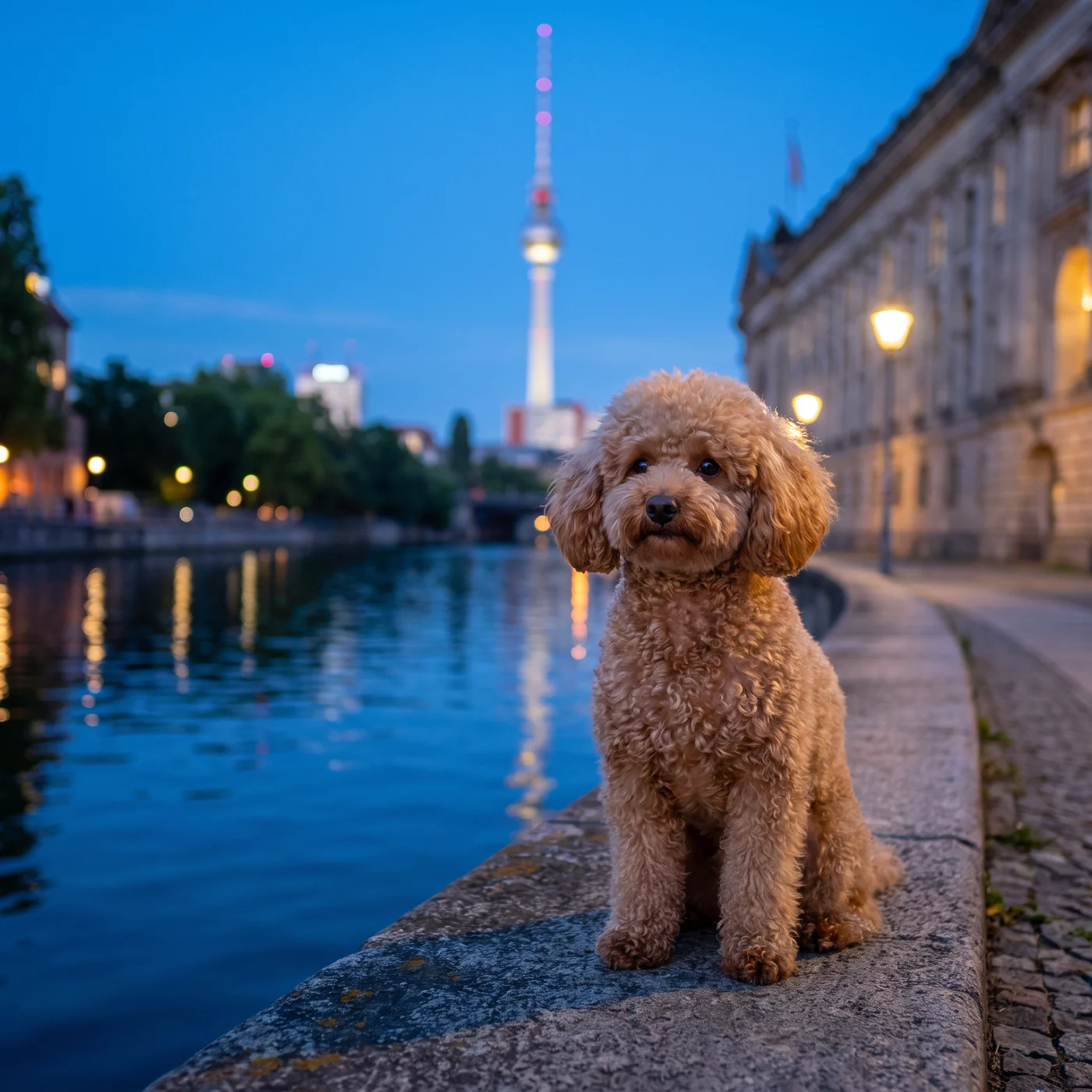 Apricotfarbener Pudel sitzt am Spreeufer mit Fernsehturm im Hintergrund · KI-generiert