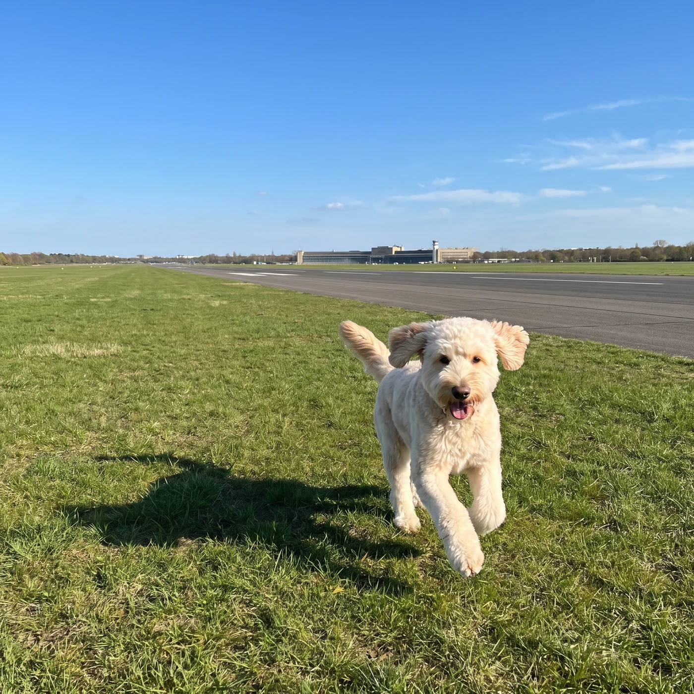 Goldendoodle rennt über die Wiese des Tempelhofer Felds · KI-generiert