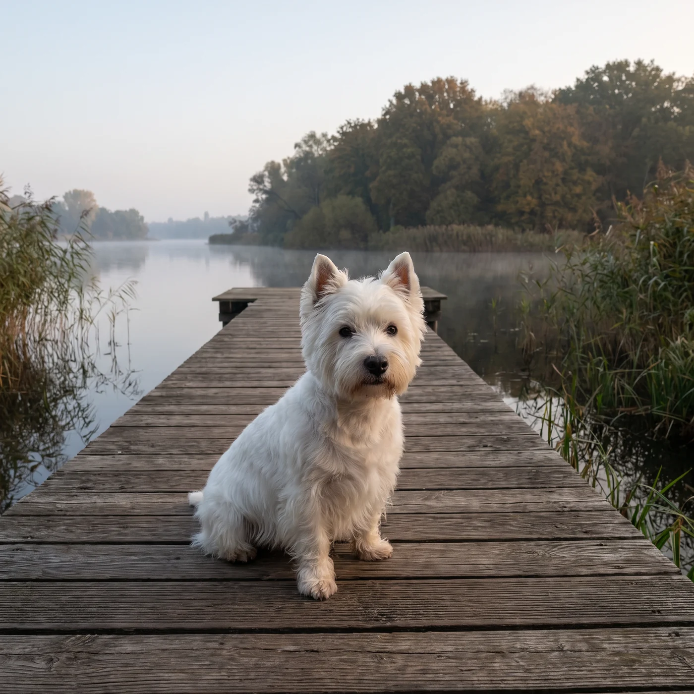 West Highland White Terrier sitzt auf einem Steg an der Havel · KI-generiert