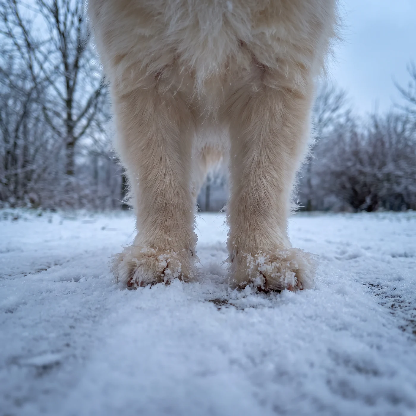 Hundepfoten im frischen Schnee in einem winterlichen Park · KI-generiert