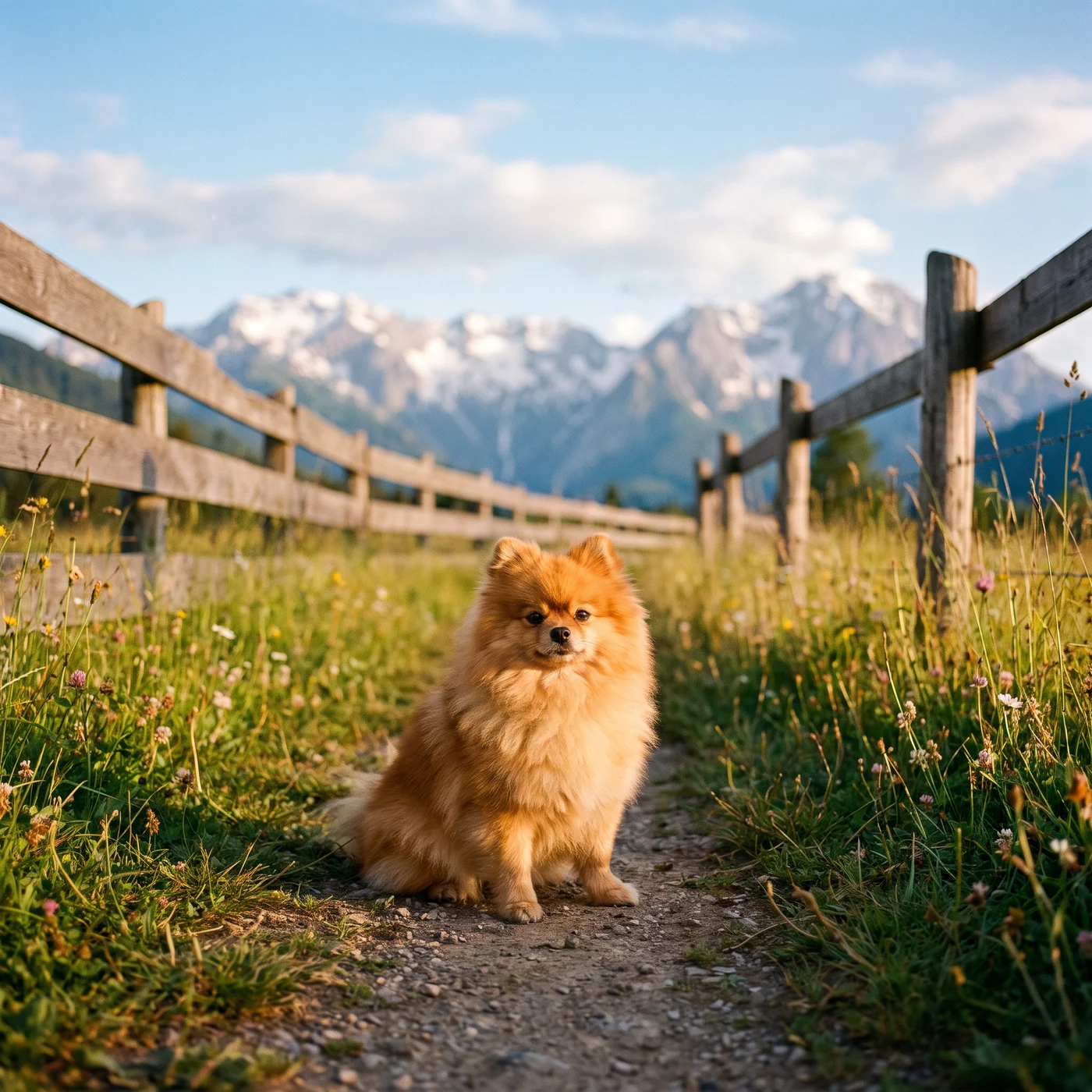 Gepflegter Pomeranian sitzt auf einem Wanderweg vor den Tiroler Bergen · KI-generiert