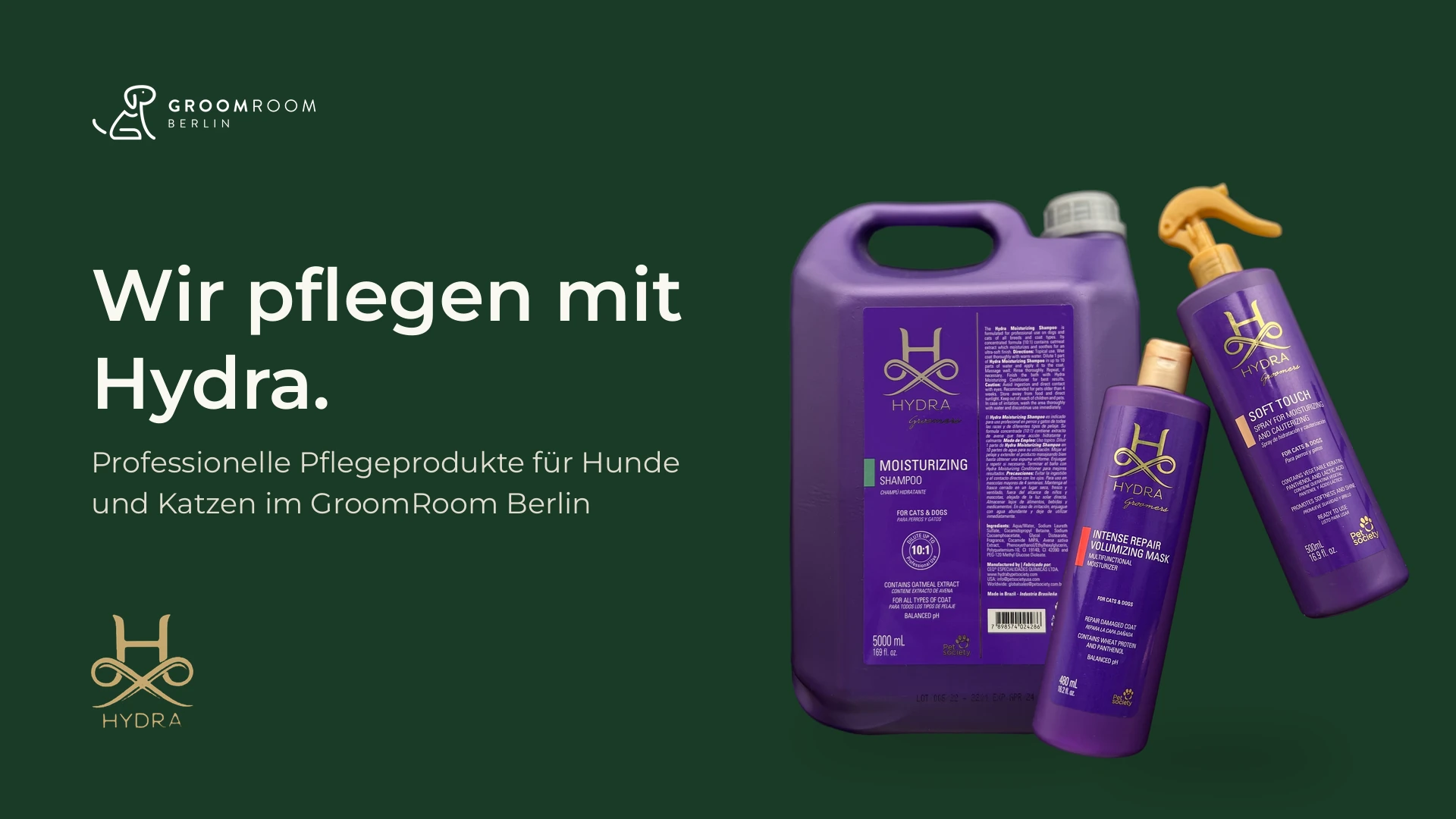 Hydra Shampoos, Conditioner und Pflegesprays, mit denen der GroomRoom Berlin arbeitet