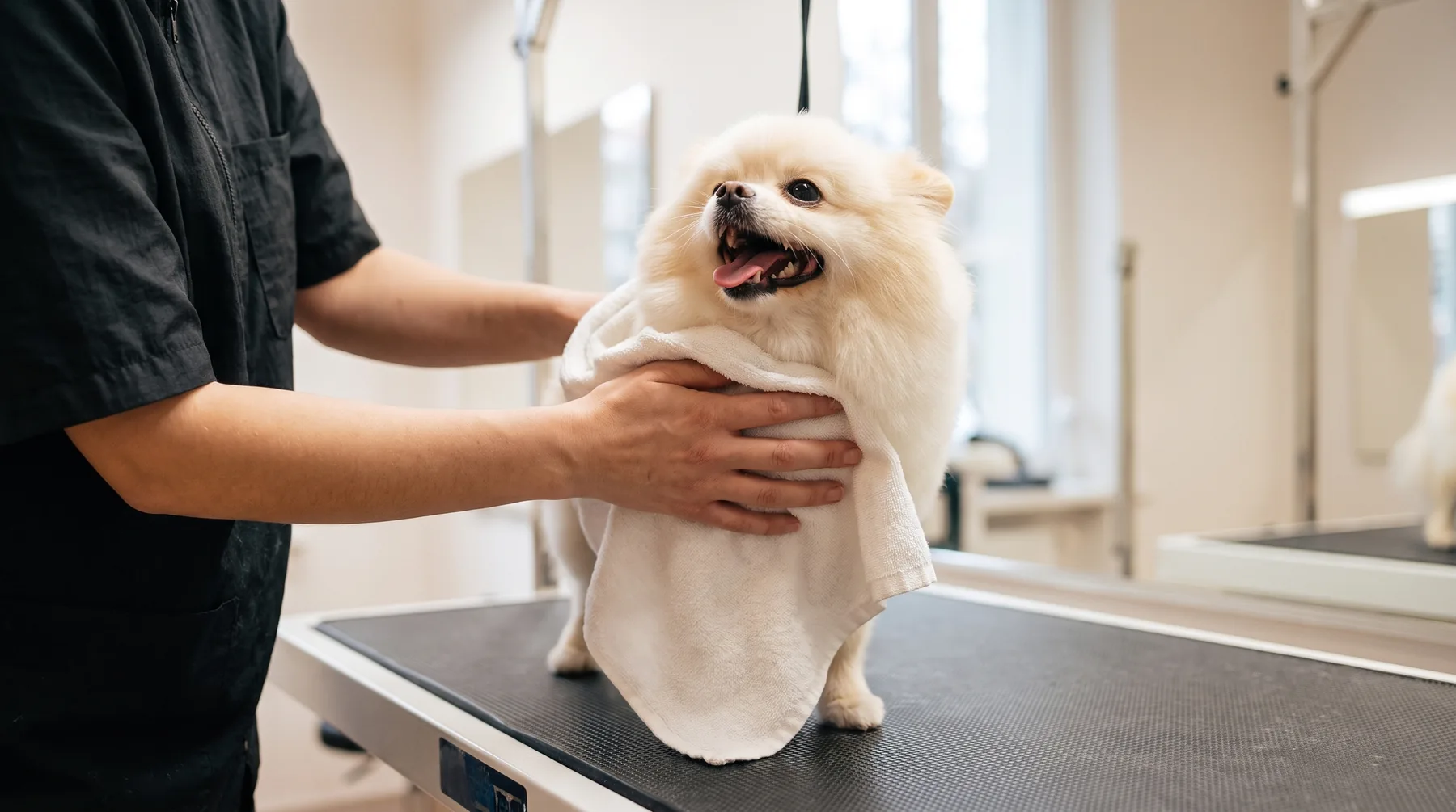 Ein weißer Pomeranian wird auf dem Pflegetisch mit dem Handtuch abgetrocknet