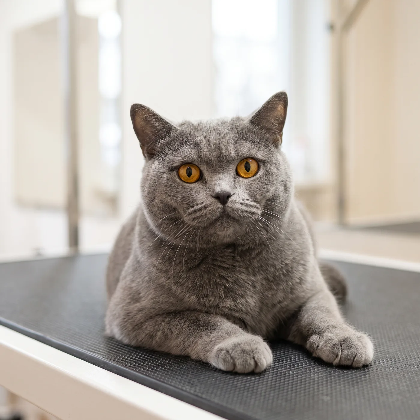 Britisch Kurzhaar liegt entspannt nach der Katzenpflege im GroomRoom Berlin