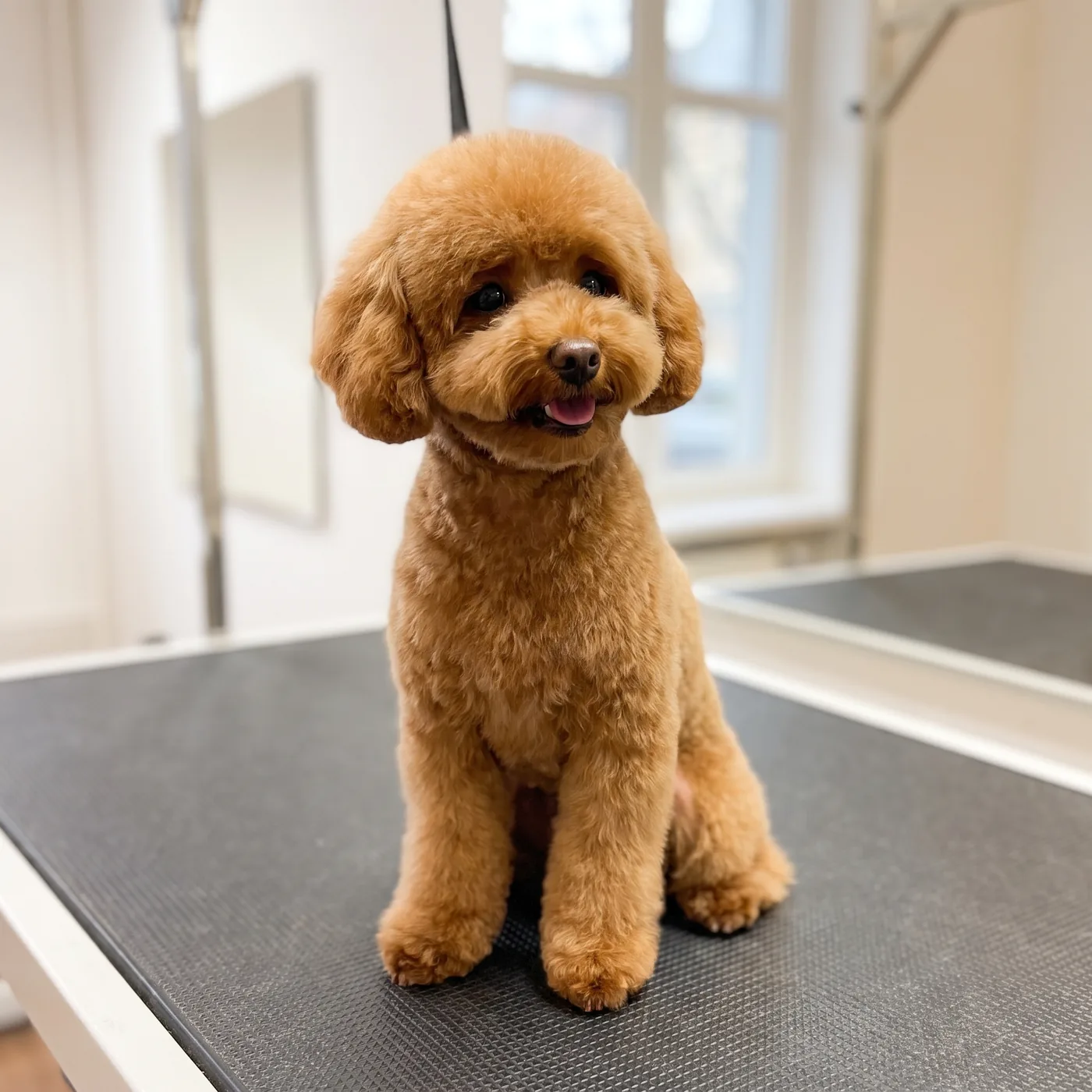 Miniature Poodle with a Teddy-Cut on the grooming table at GroomRoom Berlin