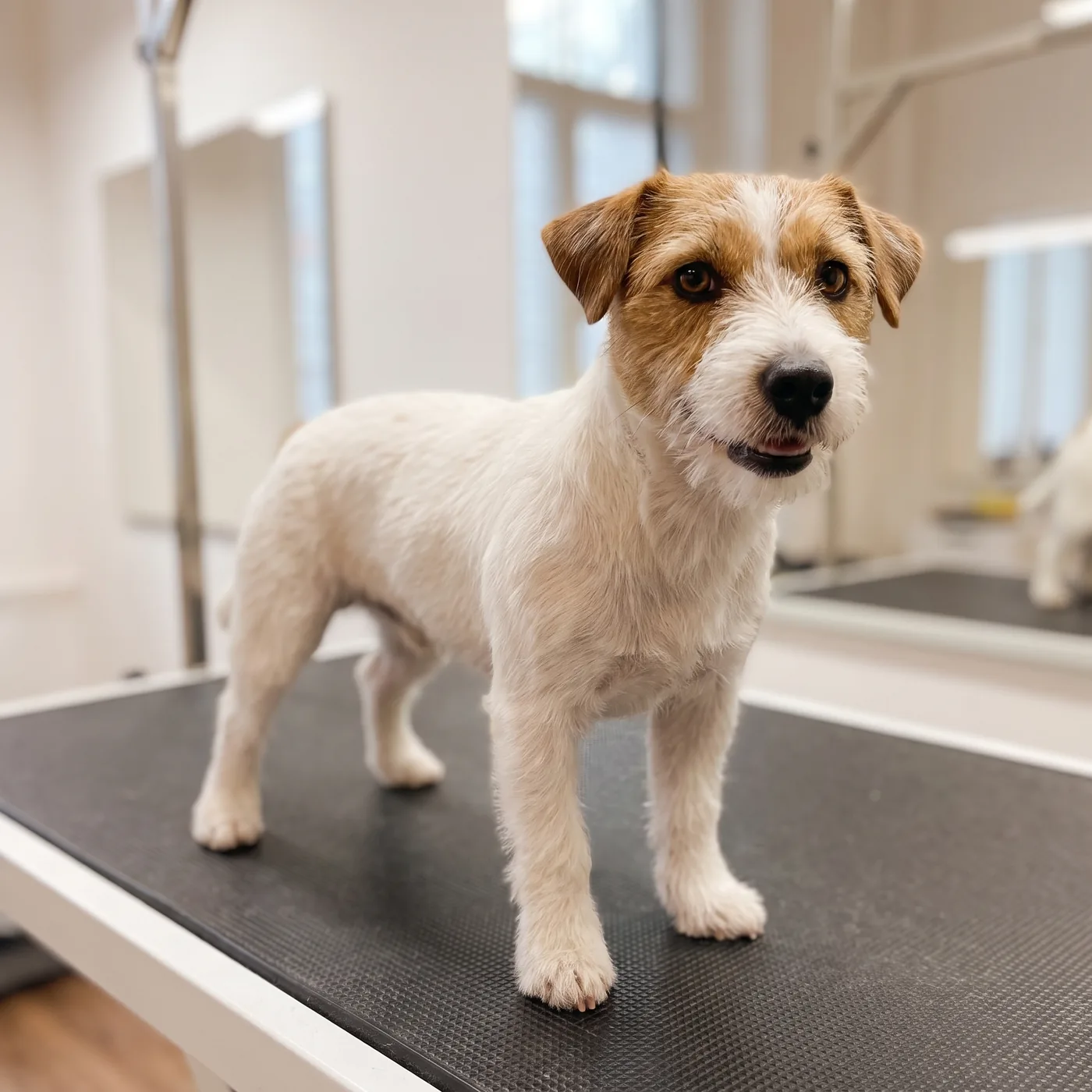 Hand-stripped Jack Russell terrier at the dog groomer in Berlin