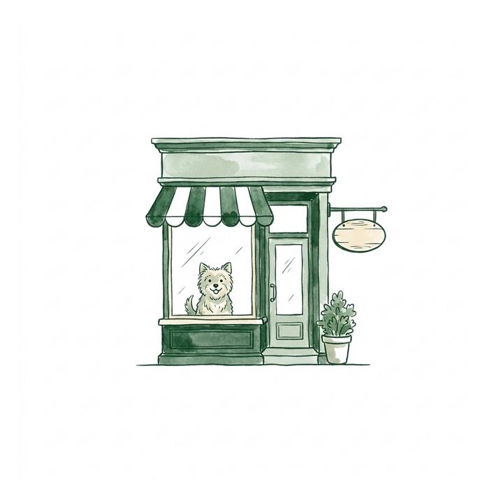 Hand-drawn illustration: salon window with a small dog