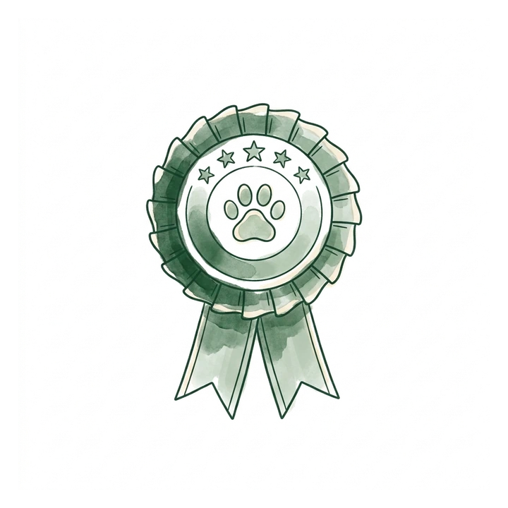 Hand-drawn illustration: rosette with five stars and a paw