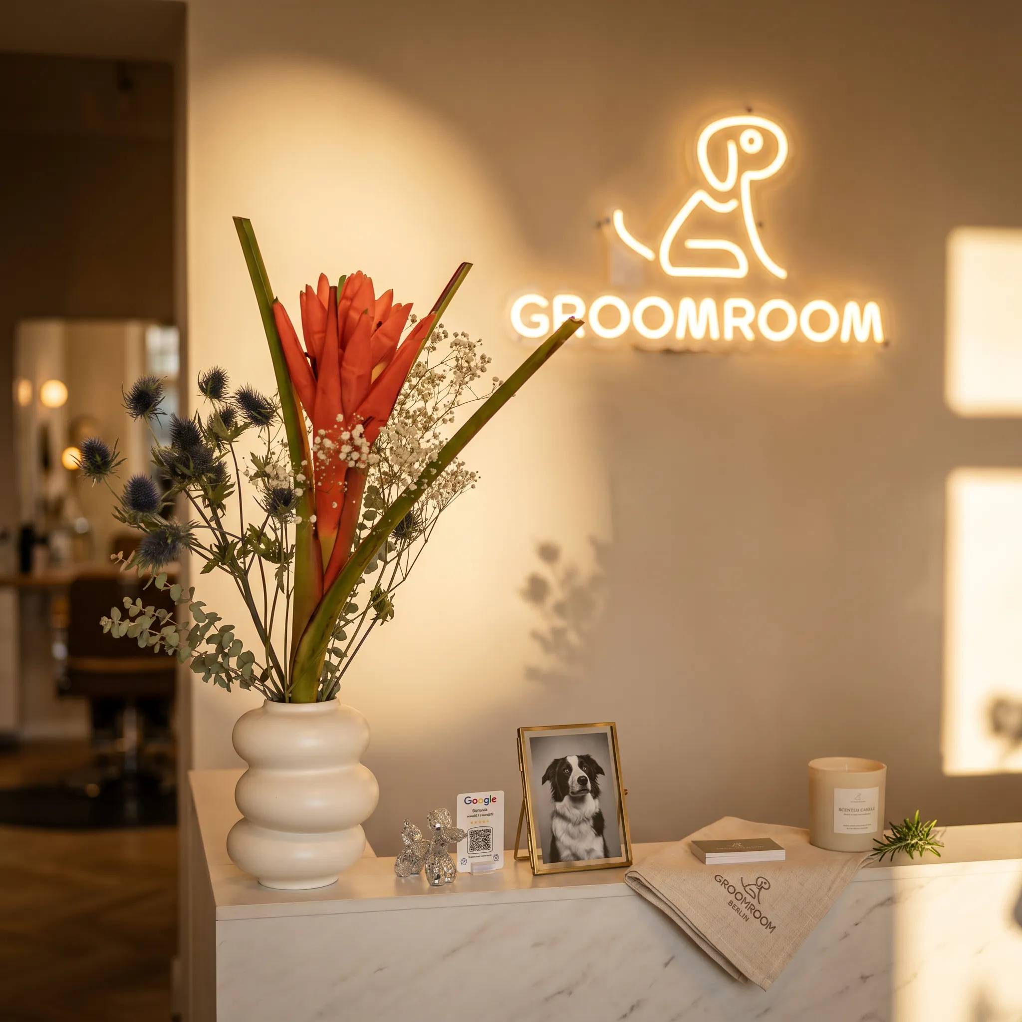 Reception and professional equipment at the GroomRoom dog grooming salon Berlin Charlottenburg