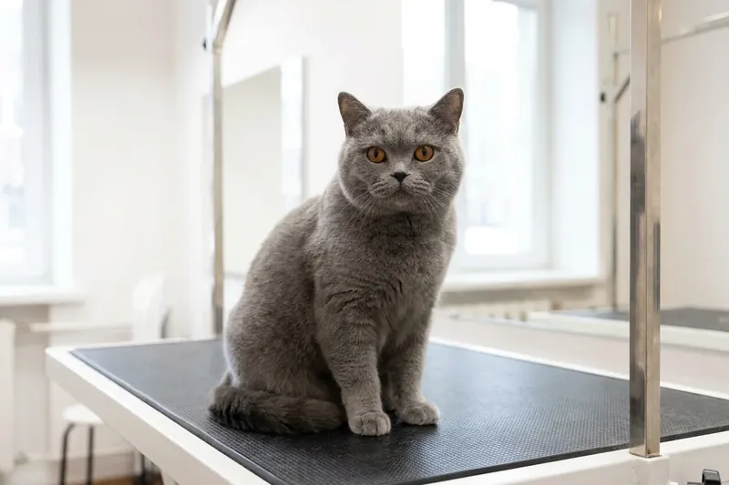 Graue Katze sitzt ruhig auf einem schwarzen Pflegetisch in einem hellen Raum.