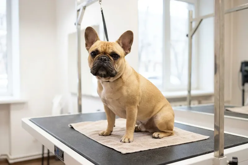 A beige dog sitting on a grooming table.