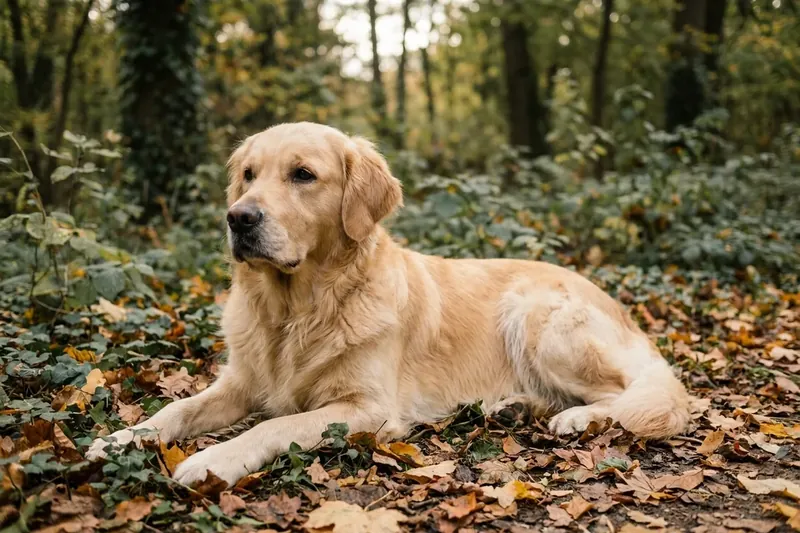 Light-coloured dog lying on leaves in the woods.