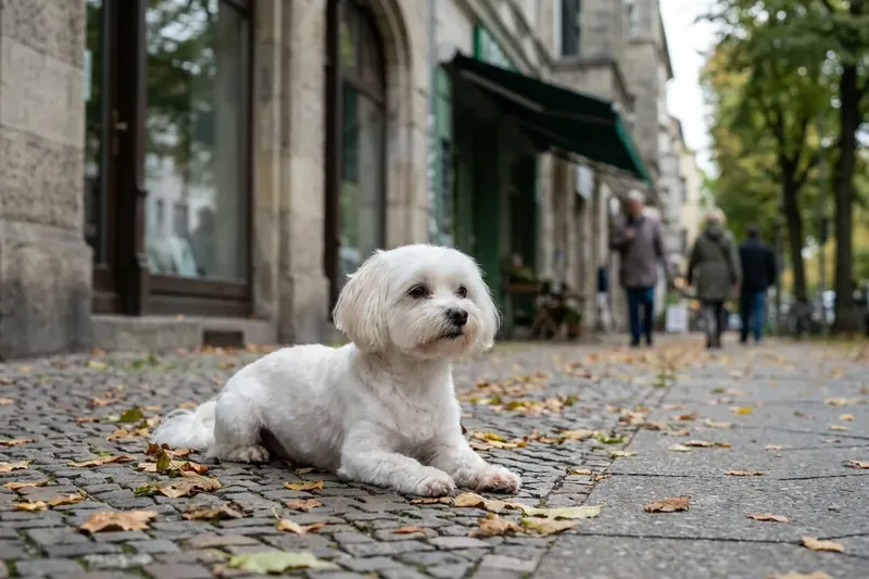 A small white dog lying on a paved path with autumn leaves.