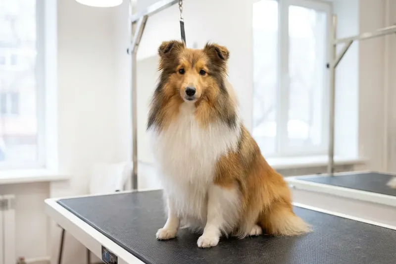 Aydınlık bir odada tıraş masasında oturan uzun tüylü bir köpek.