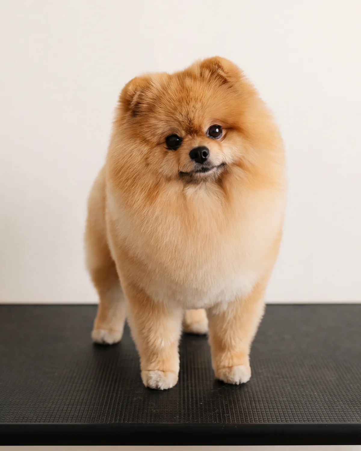 Frisch gegroomter Pomeranian mit flauschigem, rund geschnittenem Fell im Hundesalon GroomRoom Berlin