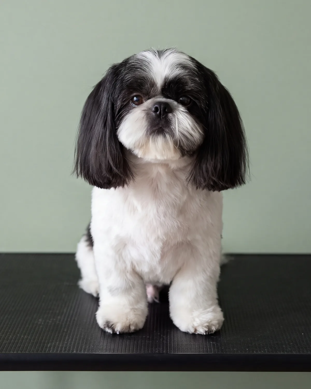 Schwarz-weißer Shih Tzu mit seidig gebürstetem Fell nach dem Waschen und Föhnen im GroomRoom Berlin