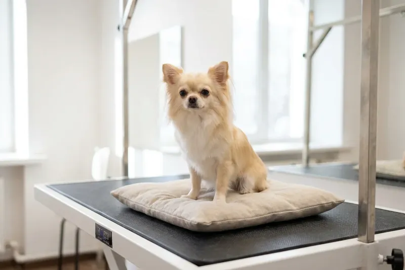 Ein kleiner heller Hund sitzt auf einem Kissen auf einem Pflegetisch.