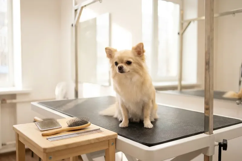 Ein kleiner heller Hund sitzt auf einem Pflegetisch neben verschiedenen Buersten.