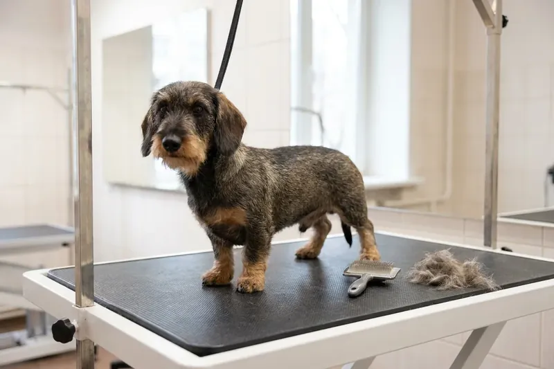Rauhaariger Hund auf einem Pflegetisch mit Buerste und Haaren.