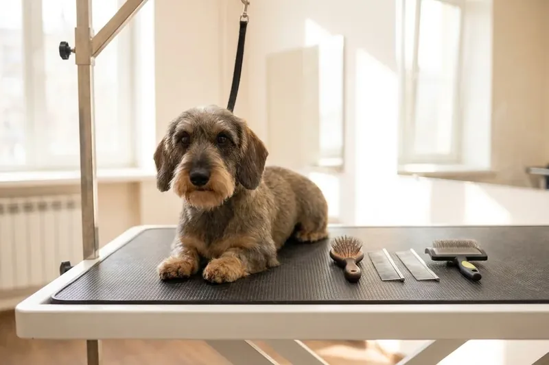 Ein kleiner Hund liegt auf einem Pflegetisch neben Buersten.