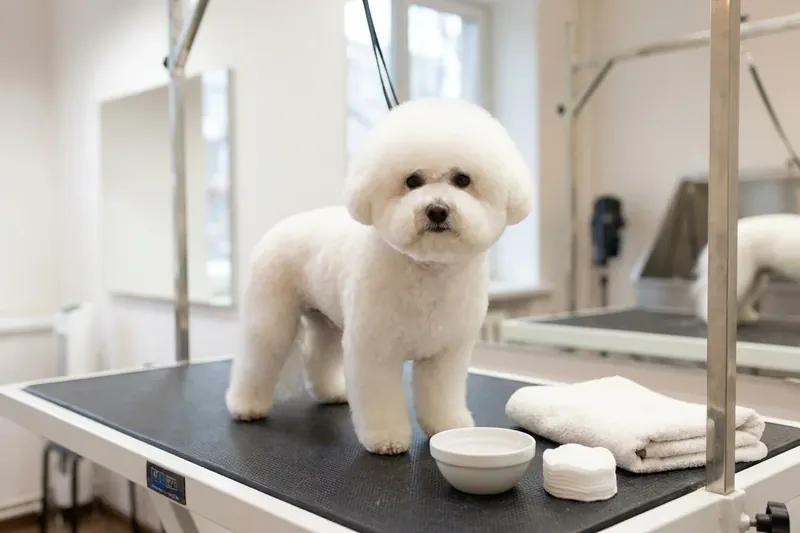A small white dog standing on a grooming table next to a towel and a bowl.