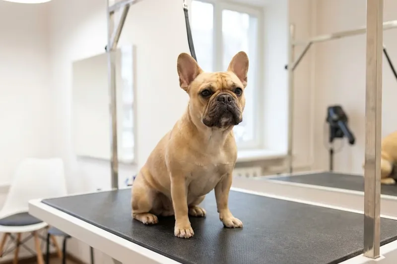 Beige dog on a grooming table.
