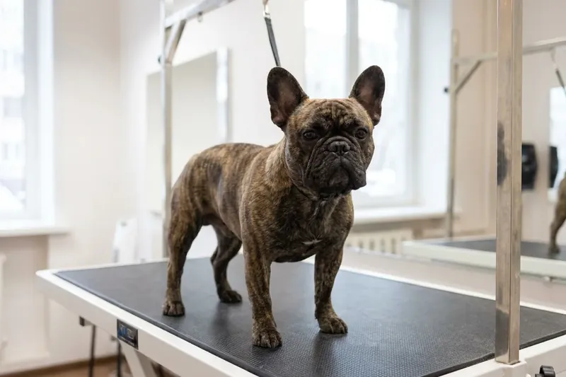 A brindle dog standing on a grooming table in a bright room.
