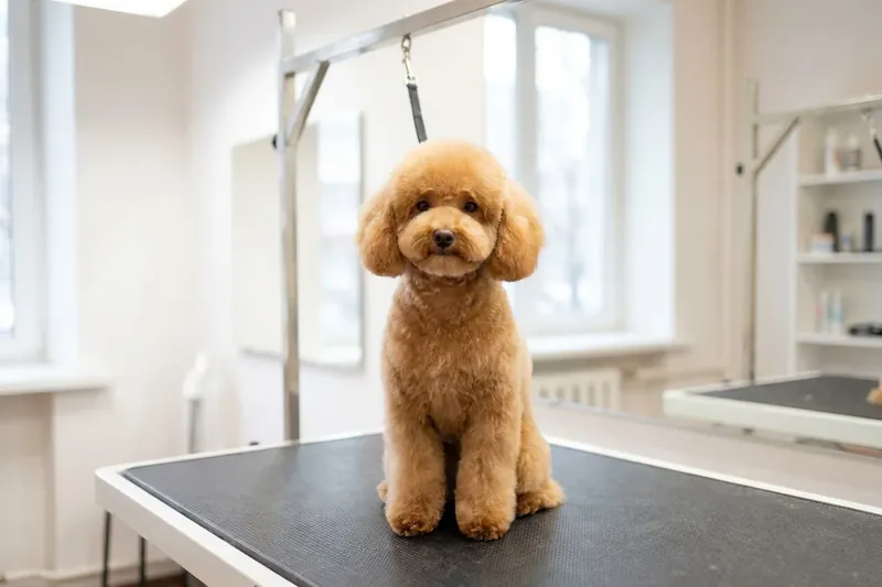 Ein flauschiger brauner Hund sitzt auf einem Pflegetisch.