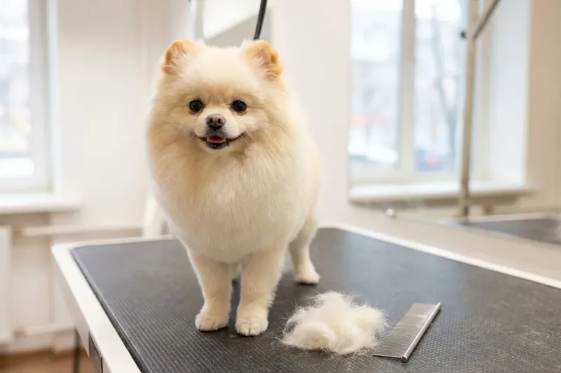 Kleiner flauschiger Hund auf einem Pflegetisch mit Kamm und Fell.