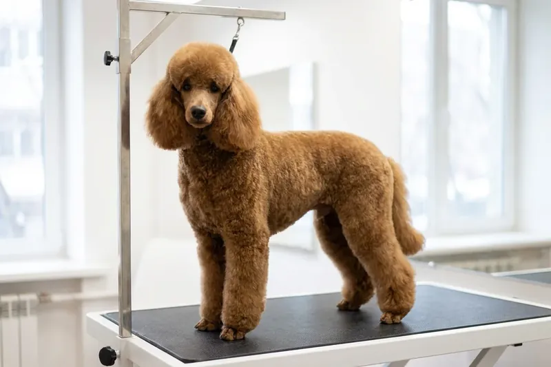 Ein brauner Hund steht auf einem Pflegetisch in einem hellen Raum.
