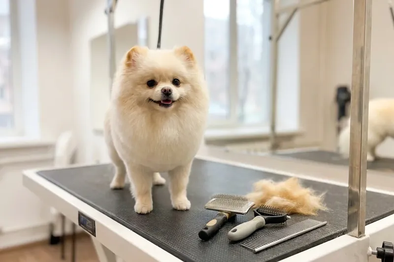 Tıraş masasında fırçalar ve tarakla duran küçük pofuduk köpek.