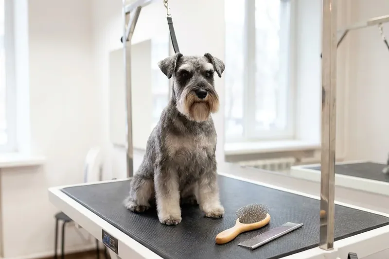 Ein grauer Hund sitzt auf einem Trimmtisch neben einer Buerste und einem Kamm.