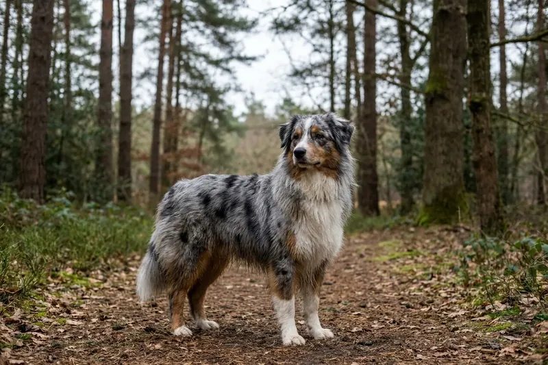 Benekli bir köpek orman yolunda duruyor.