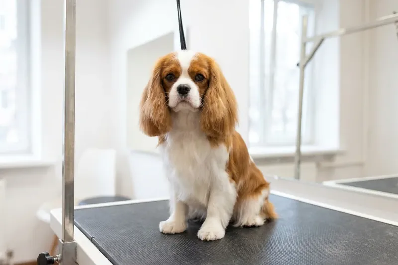 A small brown and white dog sitting on a grooming table in a bright room.