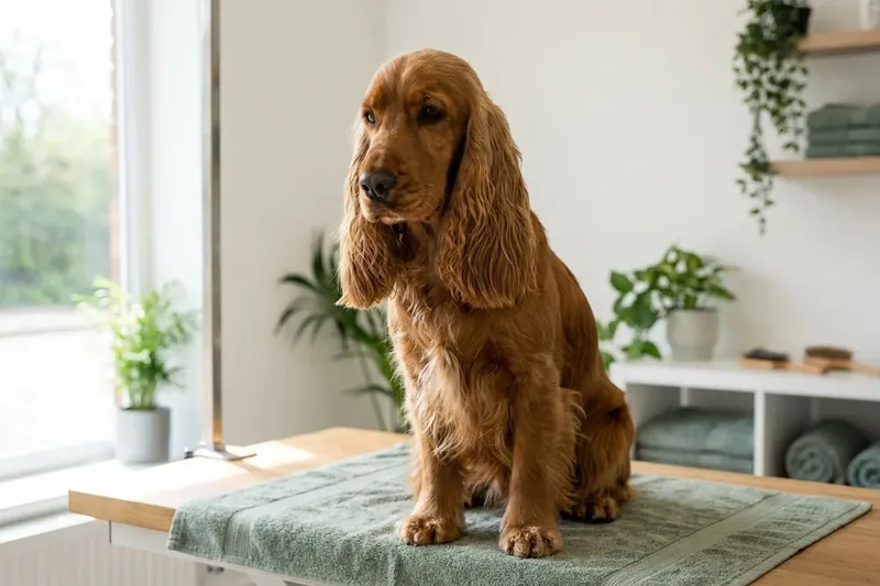 Brown dog sitting on a table.