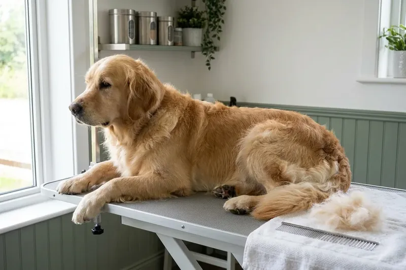 Golden Retriever mit dichtem Fell auf einem Pflegetisch neben Kamm und loser Unterwolle