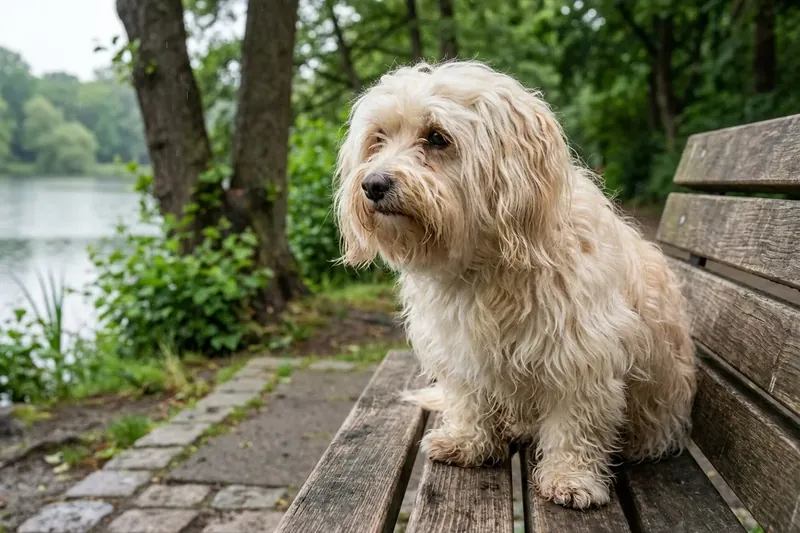 A small fluffy dog sitting on a wooden bench in the park.