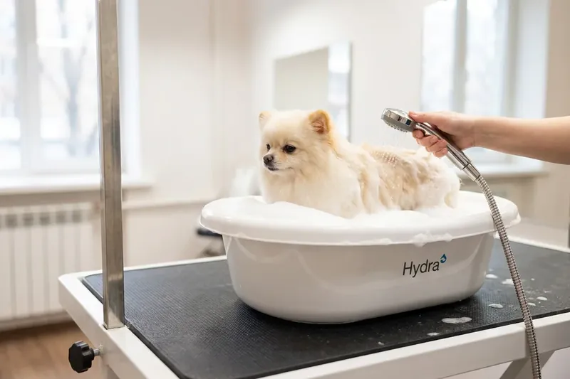 Kleiner Hund in einer weissen Wanne.