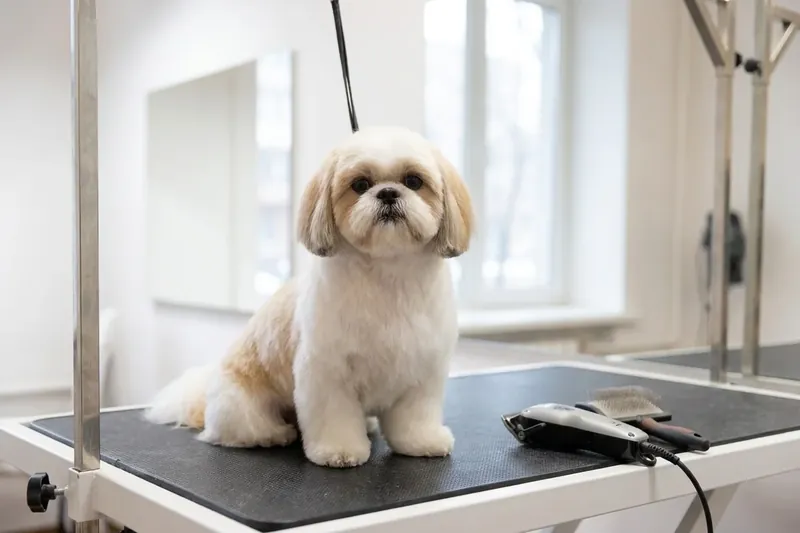 A small dog sits on a grooming table next to clippers and a brush.
