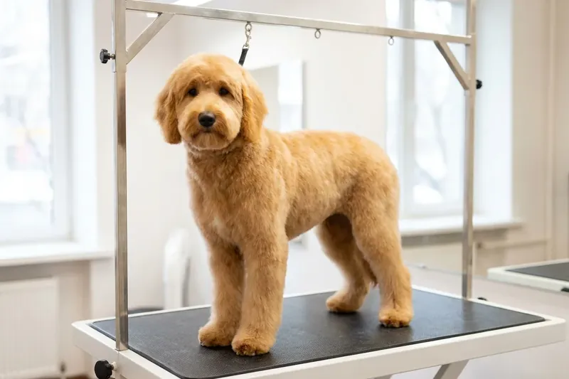 Ein Hund liegt auf einem Pflegetisch neben Buersten und Scheren.