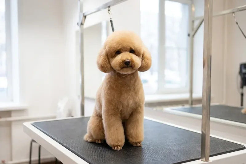 A brown dog with a curly coat sitting on a grooming table in a bright room.