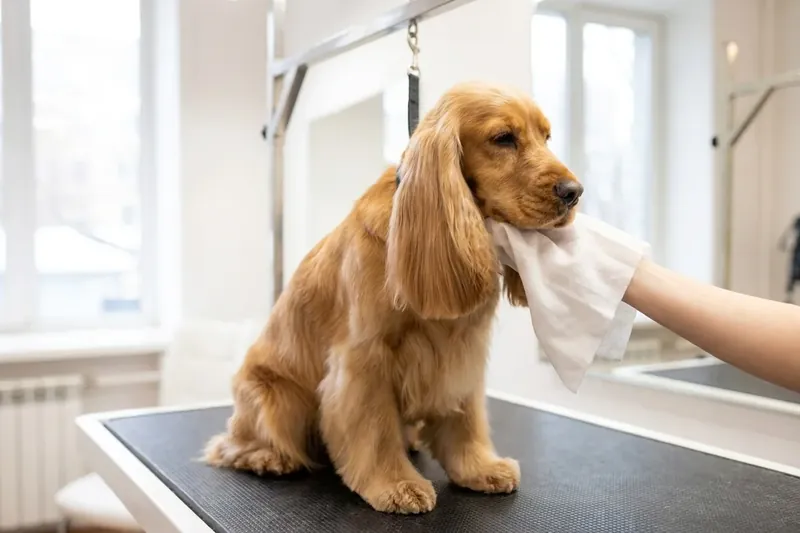 A light brown dog sits on a grooming table and is being wiped with a cloth.