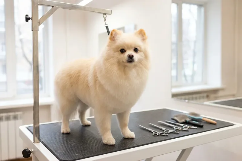 A light-coloured dog on a grooming table with scissors.