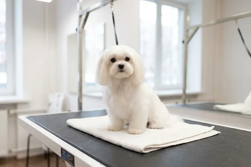 Ein kleiner weißer Hund sitzt auf einem Handtuch auf einem Pflegetisch.