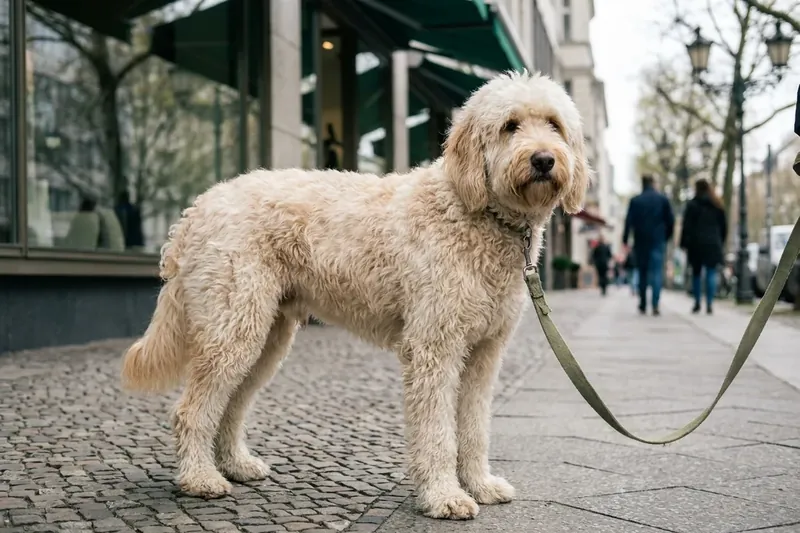 Light-coloured dog on a lead on a pavement.