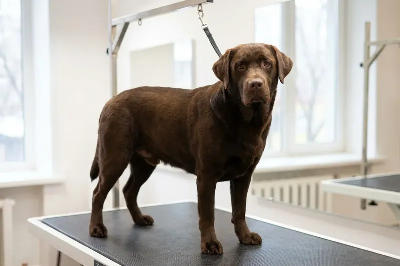 Brown dog standing on a grooming table in a bright room.